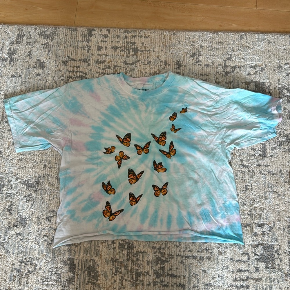 CHEMISTRY Women’s Light Blue & Pink Tie Dye Cropped T-Shirt Size Large